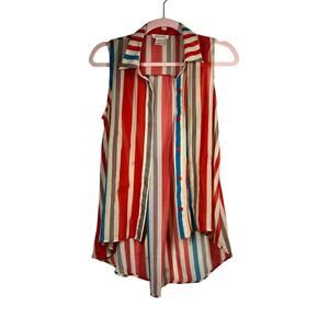 SAMS SOUCI Red Blue White Gray Striped Sheer Button Down Tank Top Small